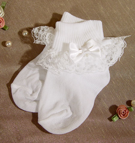 White And Silver Frill Lace Baby Socks  Ribbon Pearl Rosebud Trim size 6-12 Mths